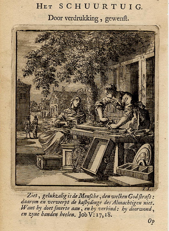 print Het Schuurtuig. Door verdrukking, gewenst. by Jan Luyken