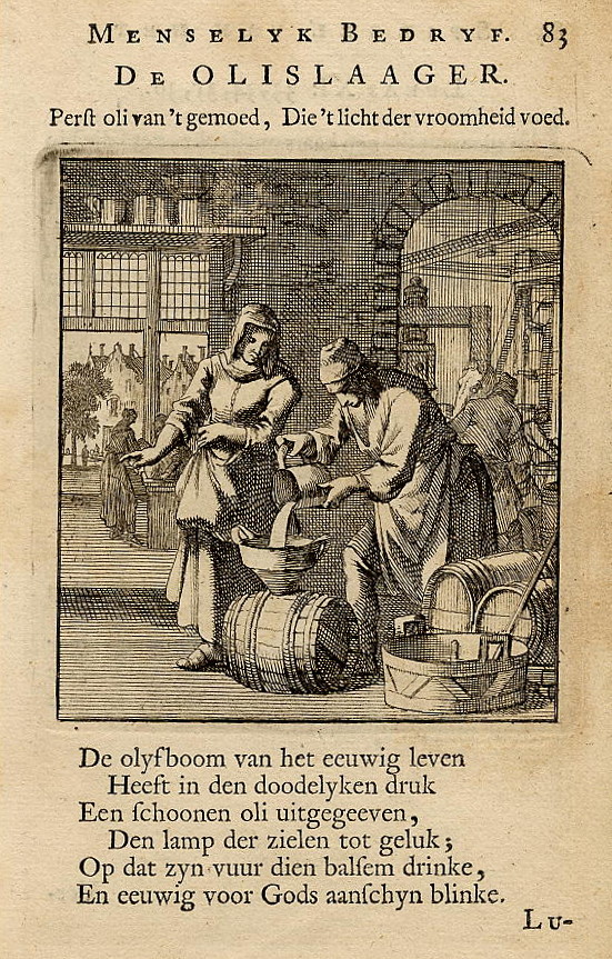 print De olislaager. Perst oli van ´t gemoed, die ´t licht der vroomheid voed. by Jan Luyken