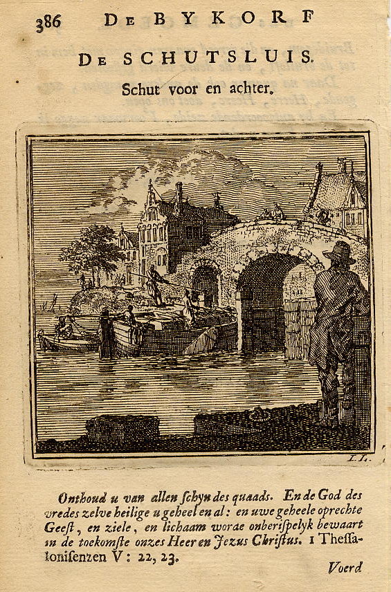 print De Schutsluis. Schut voor en achter. by Jan Luyken