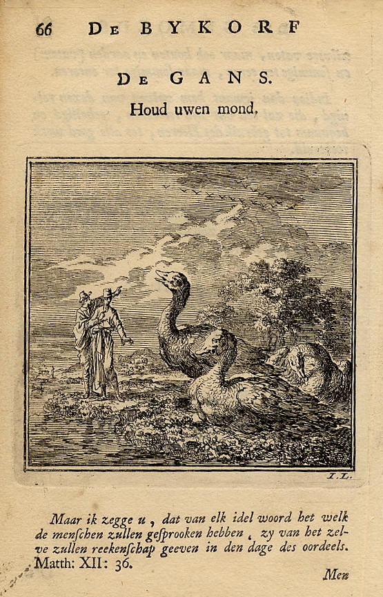 print De Gans. Houd uwen mond. by Jan Luyken