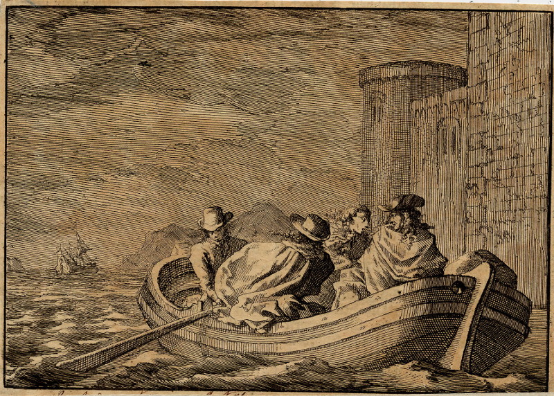 Koning Jacobus II vlucht bij nacht in een kleine roeiboot by Jan Luyken