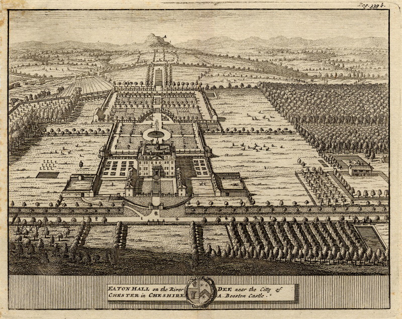 Eaton Hall on the river Dee near the citty of Chester in Cheshire. A Beeston  Castle. by Pieter van der Aa, naar Johannes Kip