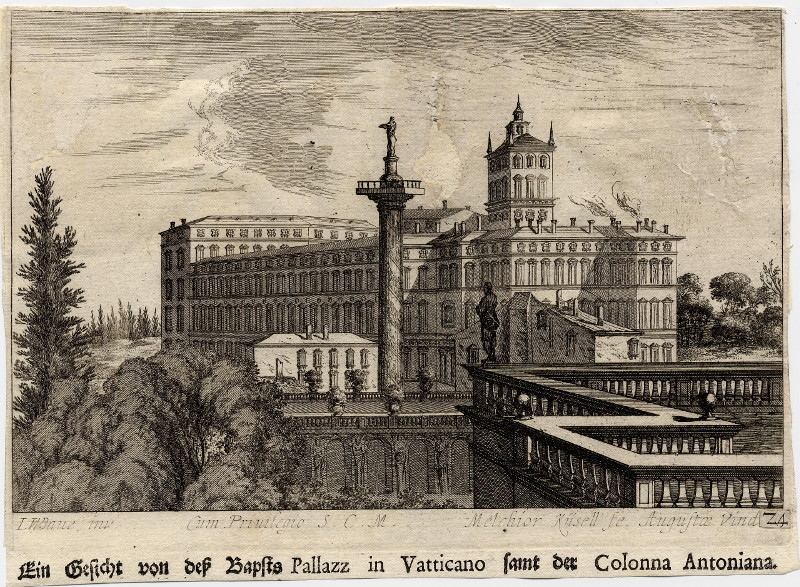 Ein Gesicht von der Papsts Pallazz in Vatticano samt der Colonna Antoniana by Melchior Küsell, J.W. Baur