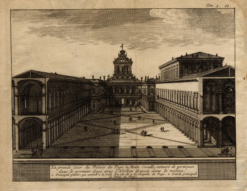 La grande Cour de Palais du Pape à Monte Cavallo, entouré de portiques dan s le premier étage  by Pieter van der Aa