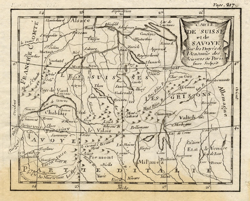 Carte de Suisse et de Savoye, sur les Degrés de l´Académie des Sciences de Paris by Fauré, naar Buffier