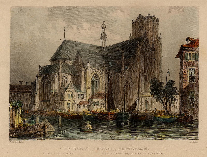 The Great Church, Rotterdam. Église à Rotterdam. Gezigt op de Groote Kerk te Rotterdam by W.H. Bartlett, T. Clark