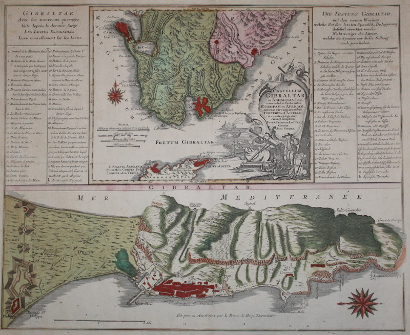 Castellum Gibraltar in Andalusia fitum cum celebri Freto inter Europam et Africam annexis circumjace by Tobias Conrad Lotter