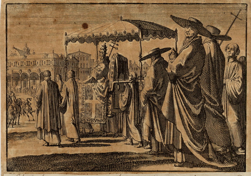 Christiaan IV, koning van Denemarken, als paus verkleed, bootst met zijn hovelingen een processie na by Jan Luyken