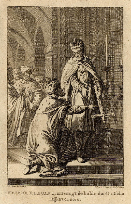 print Keizer Rudolf I, ontvangt de hulde der Duitsche Rijksvorsten by R. Vinkeles, C.B. Rode