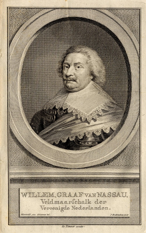 print Willem, graaf van Nassau, Veldmaarschalk der Vereenigde Nederlanden. by J. Houbraken, naar M.J. van Miereveld, naar A. Schouman