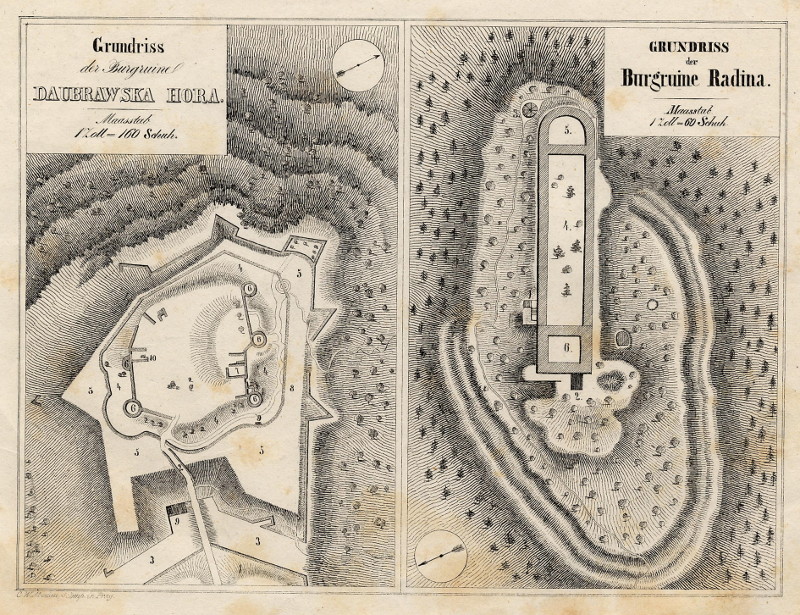 Grundriss der Burgruine Daubrawska Hora; Grundriss der Burgruine Radina by C.W. Medau