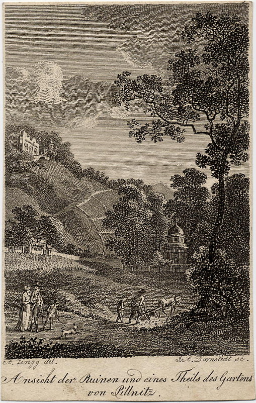 view Ansicht der Ruinen und eines Theils des Gartens von Pillnitz by A. Zingg, J.A. Darnstedt