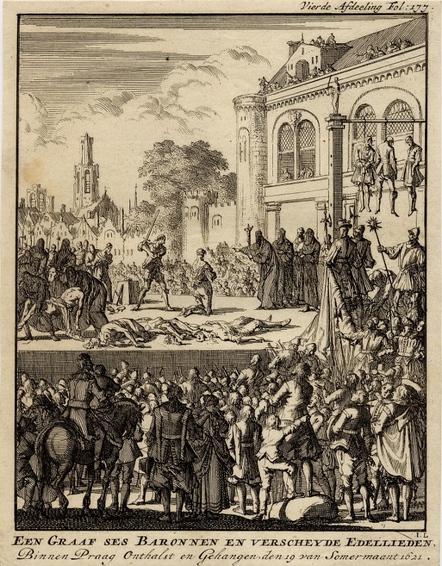 Een Graaf ses Baronnen en verscheyde Edellieden, binnen Praag onthalst en gehangen, den 19 ... by Jan Luyken