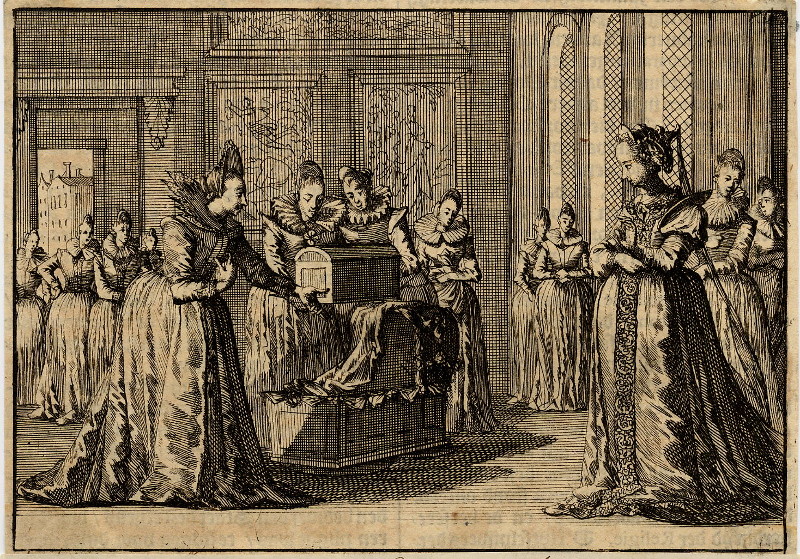 Praagse vrouwen bieden koningin Elisabeth een wieg en kleren aan voor haar te verwachten kind by Caspar Luyken