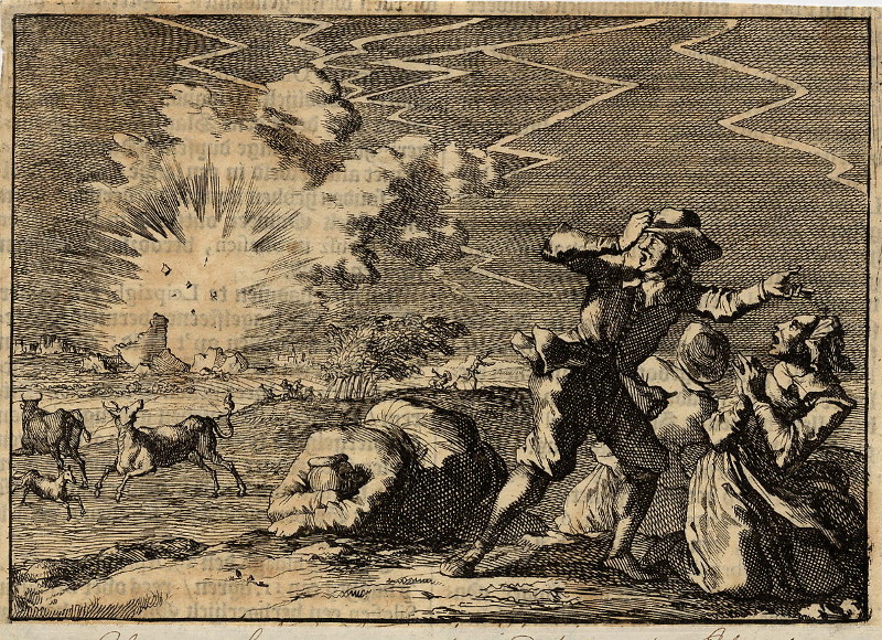 Tijdens hevig onweer vliegt de kruittoren van Rheinberg in de lucht, 1636 by Caspar Luyken