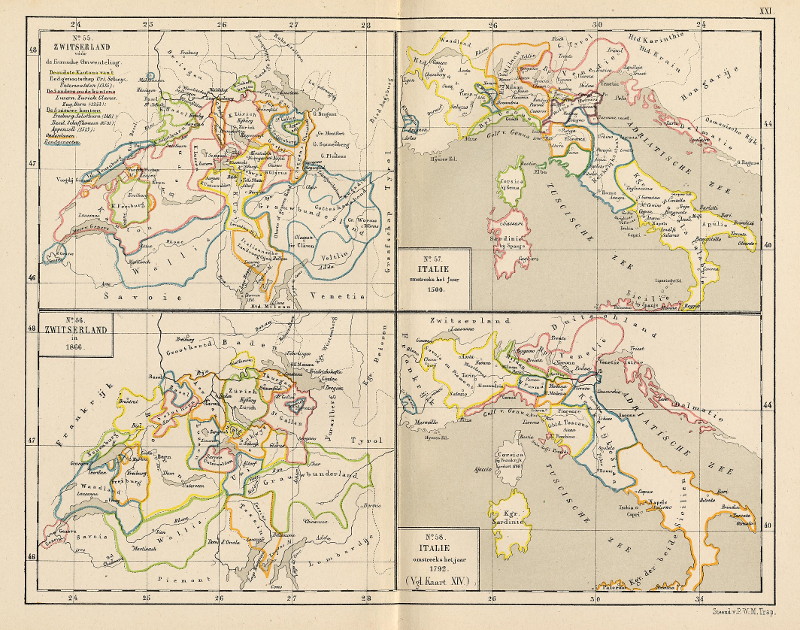 Zwitserland voor de Fransche omwenteling; in 1866; Italie omstreeks 1500; omstreeks 1792 by P.W.M. Trap
