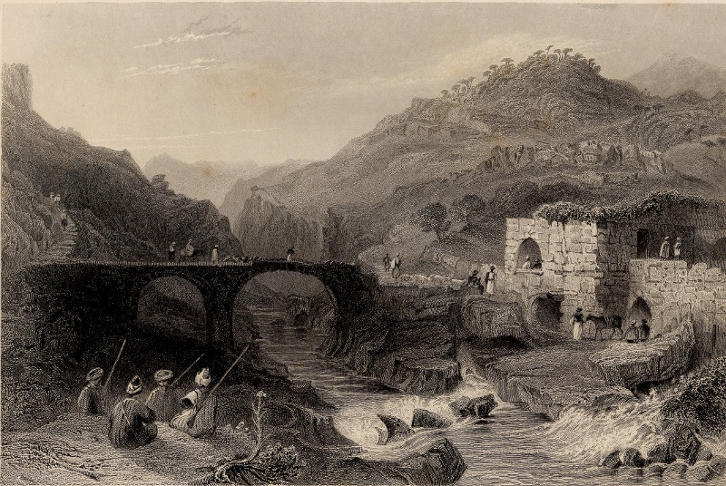 Khan and bridge near the source of the Damour, between Beteddein and Beirout by W.H. Bartlett, J. Tingle