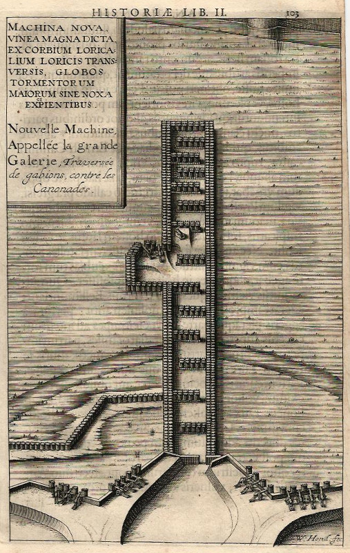 plan Machina nova, vinea magna dicta, ex corbium loricaliumloricis transversis, globos tormentorum by Willem Hondius