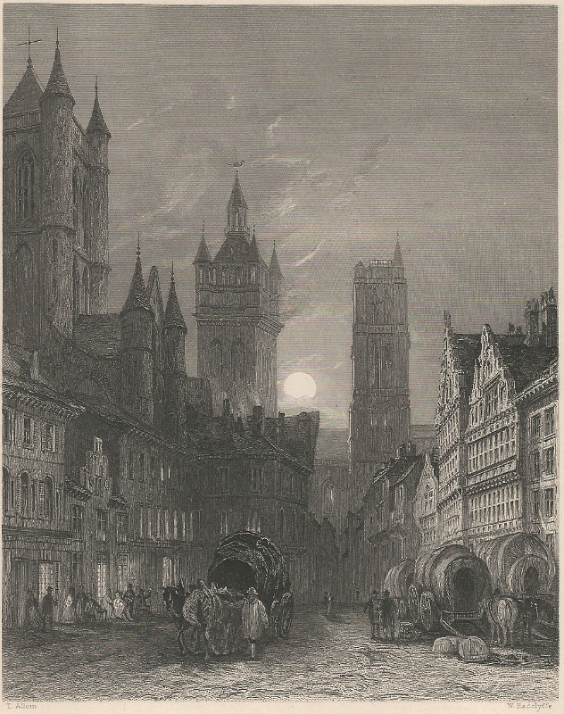 Church of St. Bavon the Beffroi, and St. Nicholas, by Moonlight, Ghent by T. Allom, W. Radclyffe