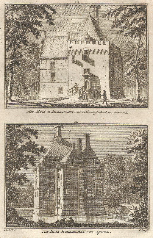 view Het Huis de Boekhorst, onder Noordwijkerhout, van voren; van agteren by A. de Haan, H. Spilman